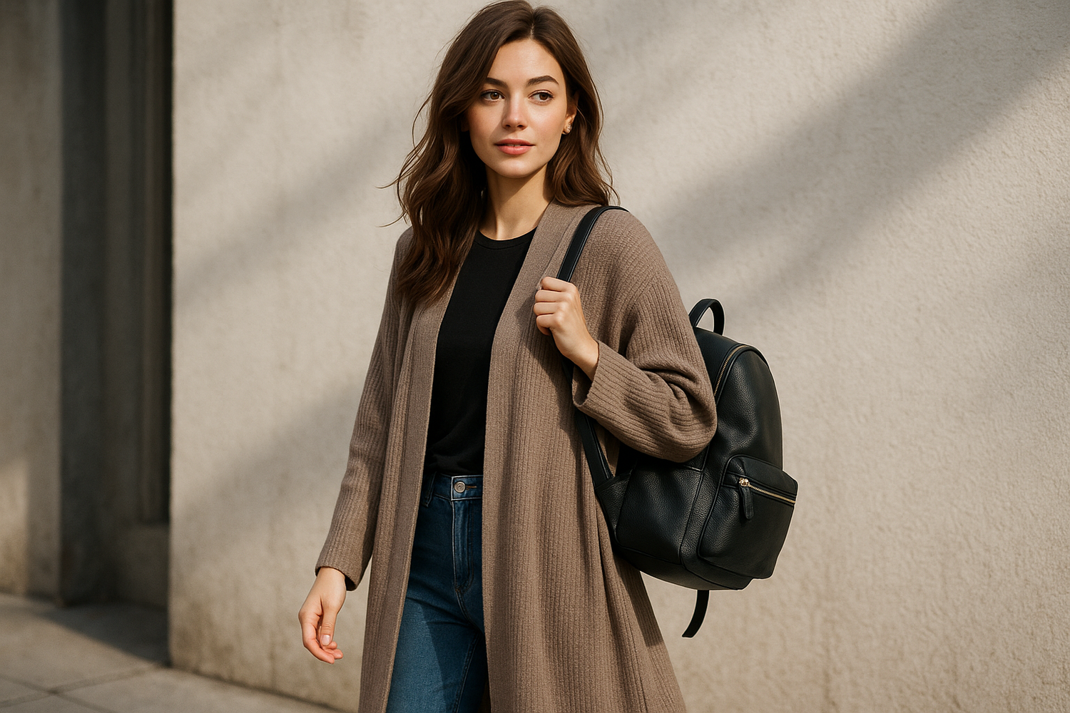 ragazza con capelli castani con un bel cardigan lungo e uno zaino in spalla